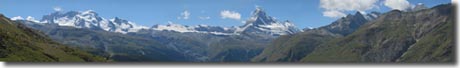  29.7.03 Matterhorn-Panorama vom Tufteren(2320m): von links Castor(4223m) u. Pollux(4092m), Breithorn(4139m) darunter Gornergratbahn(3090m), Matterhorn(4478m) und Dent d'Herens(4171m), rechts Gabelhorn(4063m)